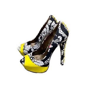 Betsey Johnson Black-White-Yellow Peep Toe Platform Stiletto Heels Size 8.5